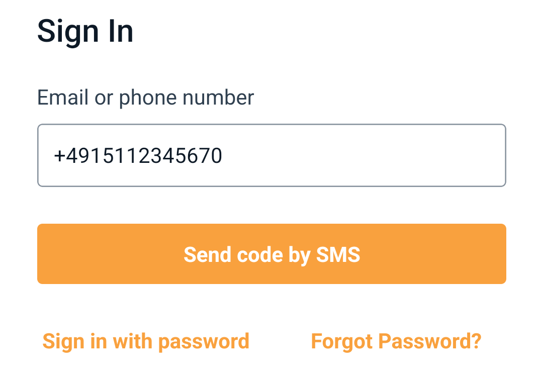 The sign-in screen of Orbit Cockpit with a phone number entered, the Send code by SMS button and the Sign in with password link
